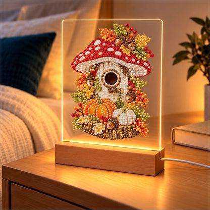 Toadstool Cottage with Pumpkins (Light-Up Pearl Painting)