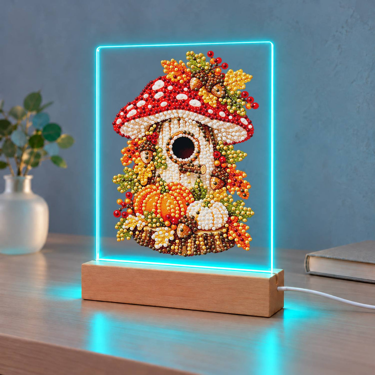 Toadstool Cottage with Pumpkins (Light-Up Pearl Painting)