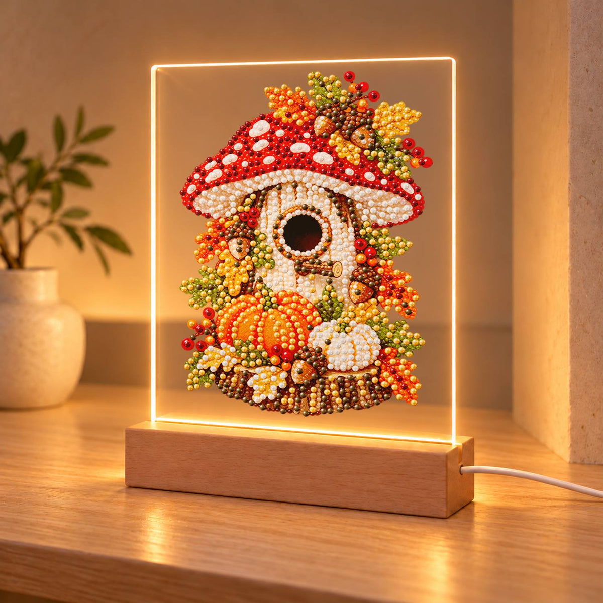 Toadstool Cottage with Pumpkins (Light-Up Pearl Painting)