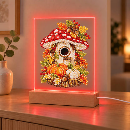 Toadstool Cottage with Pumpkins (Light-Up Pearl Painting)