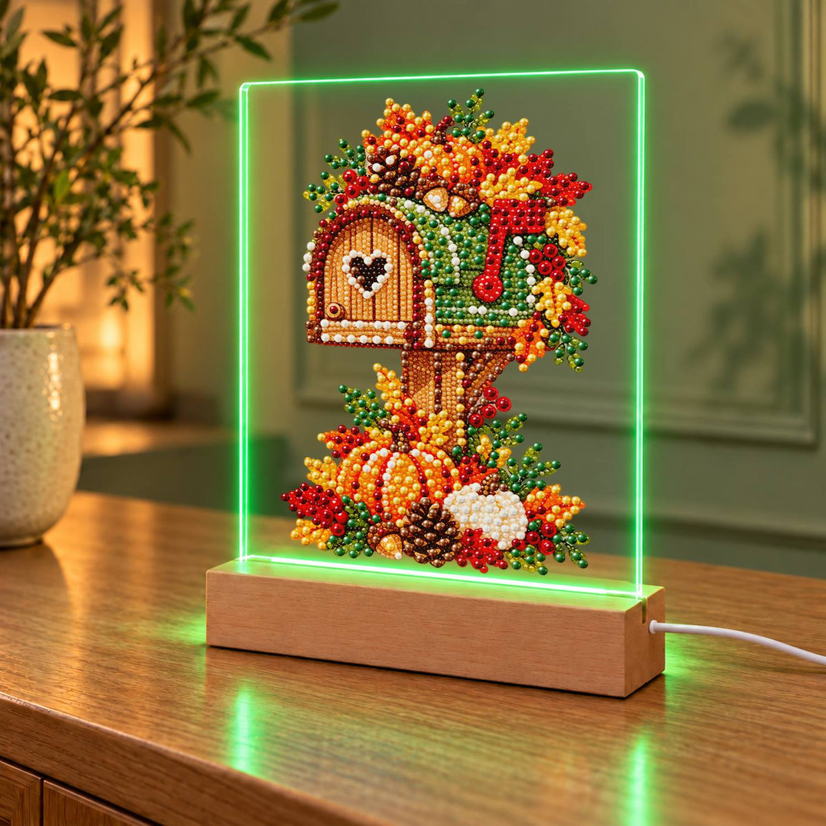 Heart Mailbox in Fall Leaves (Light-Up Pearl Painting)
