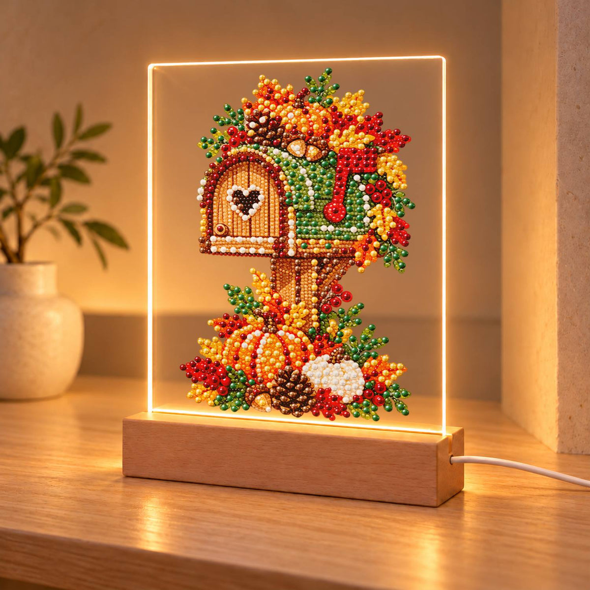 Heart Mailbox in Fall Leaves (Light-Up Pearl Painting)