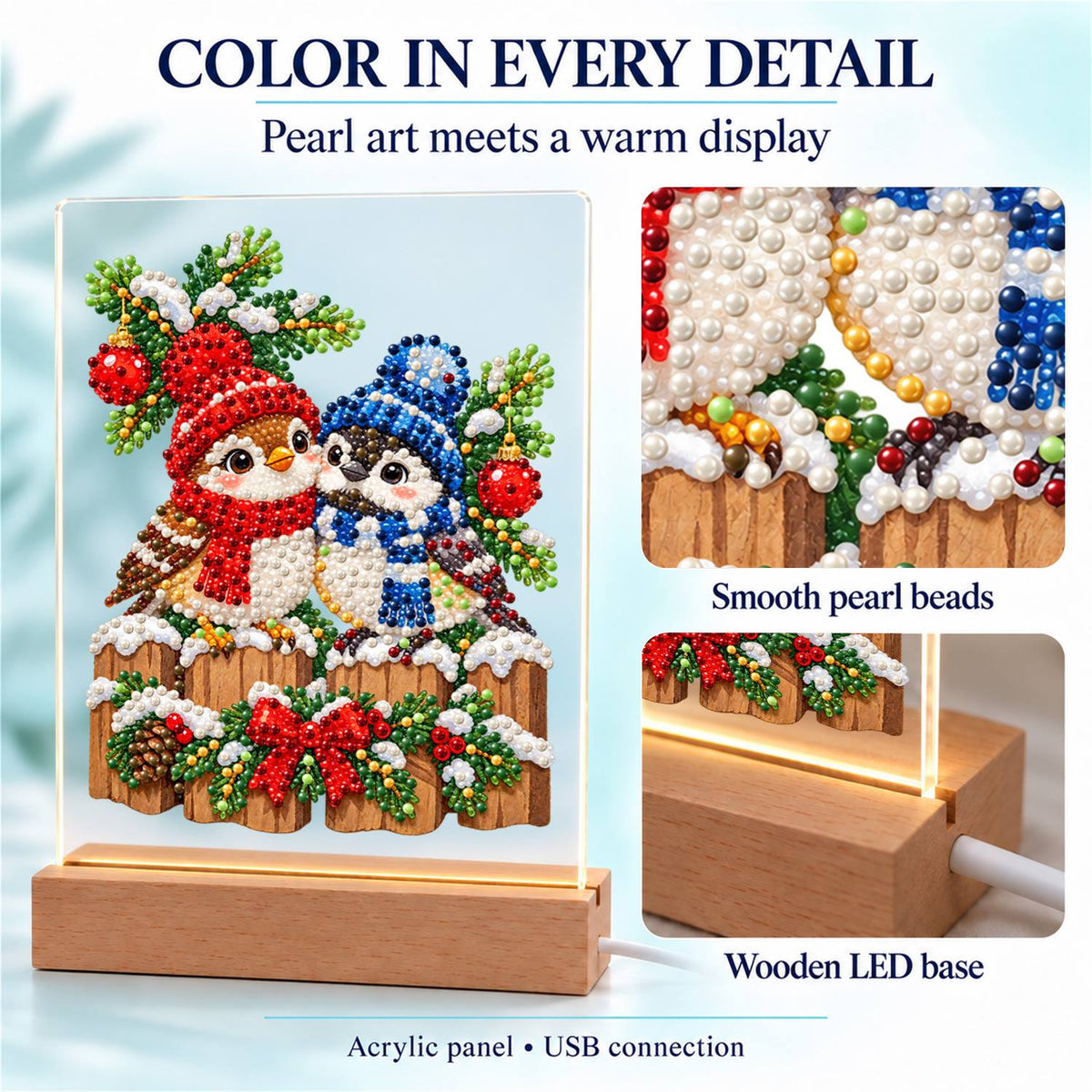 Winter Birds in Knit Bobble Hats (Light-Up Pearl Painting)