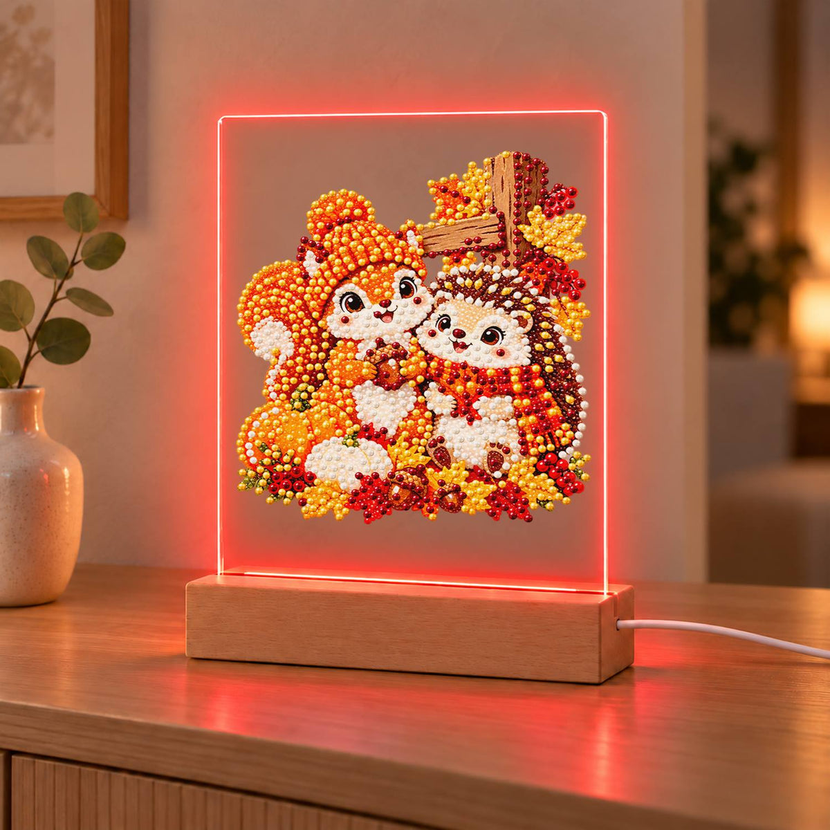Squirrel and Hedgehog Fall Hug (Light-Up Pearl Painting)