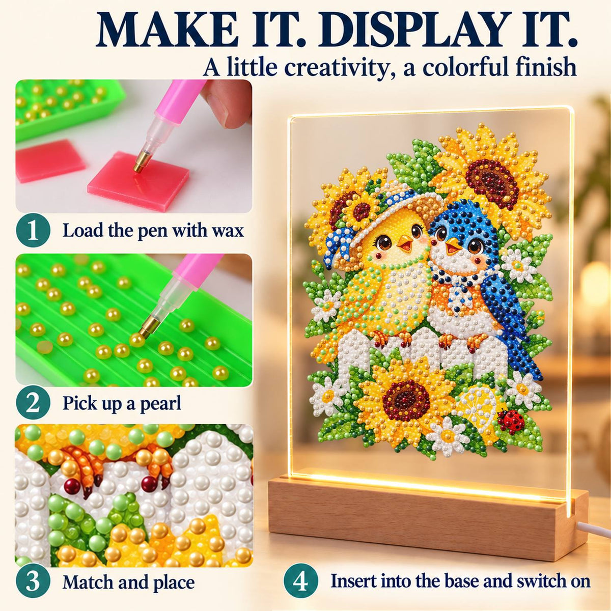 Songbird Friends in Sunflowers (Light-Up Pearl Painting)