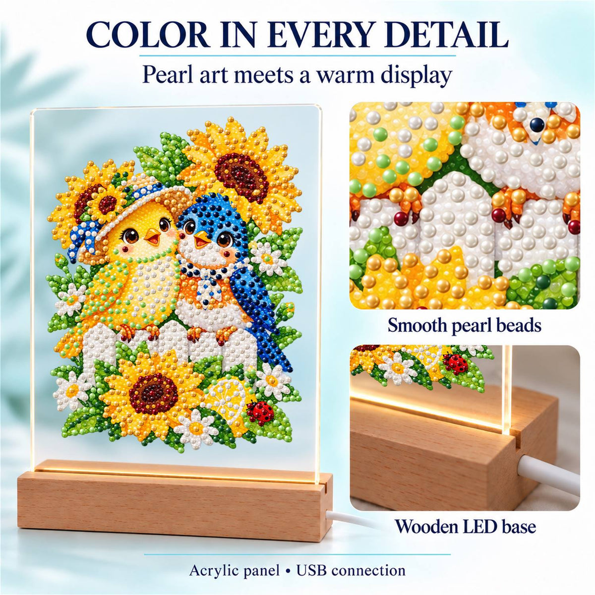 Songbird Friends in Sunflowers (Light-Up Pearl Painting)