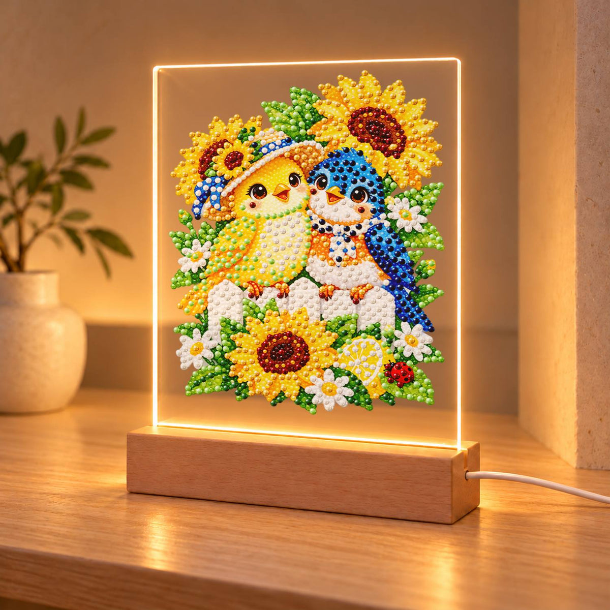 Songbird Friends in Sunflowers (Light-Up Pearl Painting)