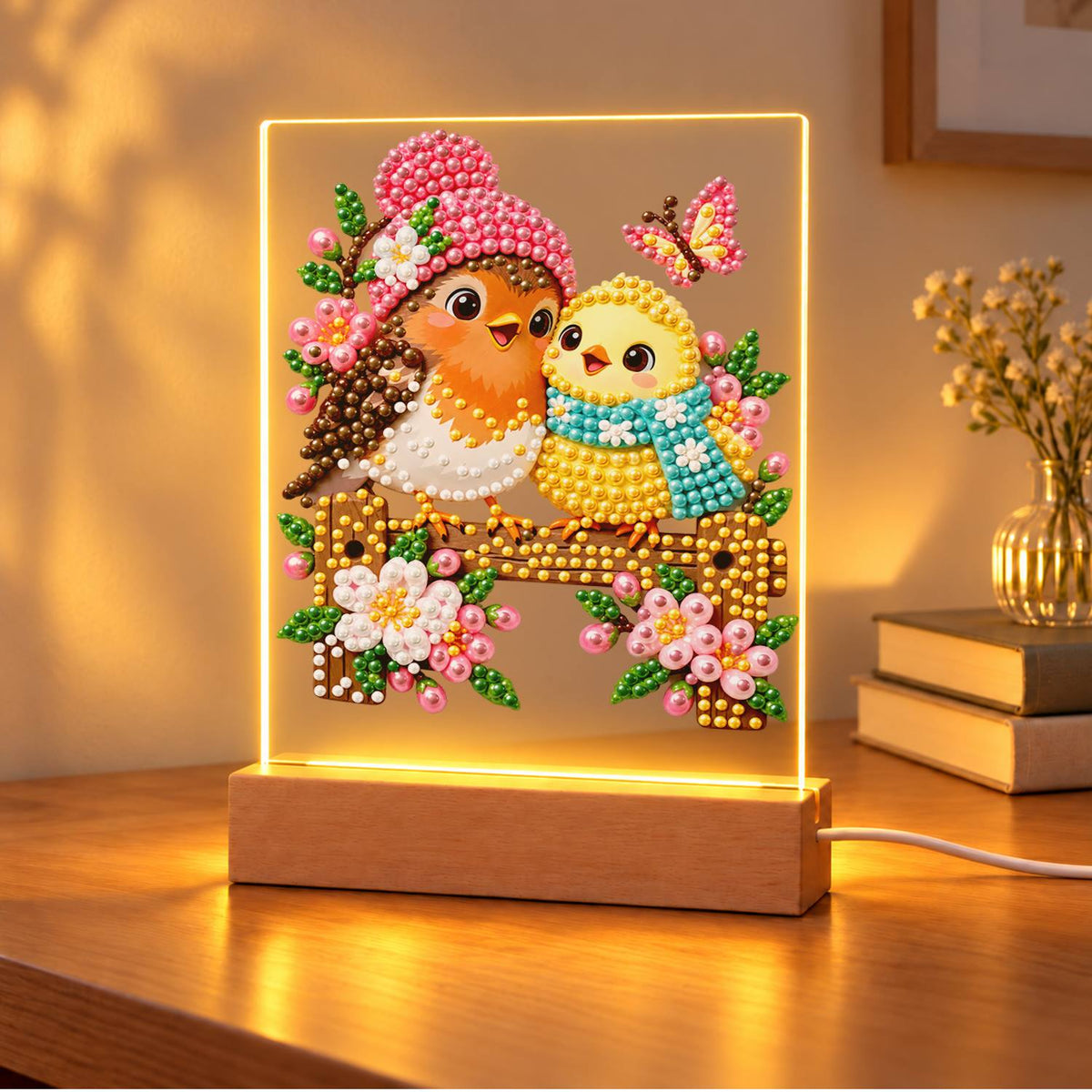 Pink-Hatted Robin and Chick (Light-Up Pearl Painting)