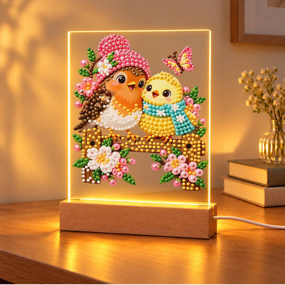 Pink-Hatted Robin and Chick (Light-Up Pearl Painting)