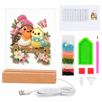 Pink-Hatted Robin and Chick (Light-Up Pearl Painting)