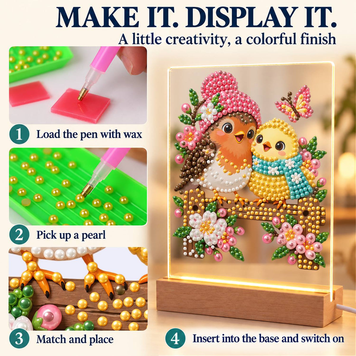 Pink-Hatted Robin and Chick (Light-Up Pearl Painting)