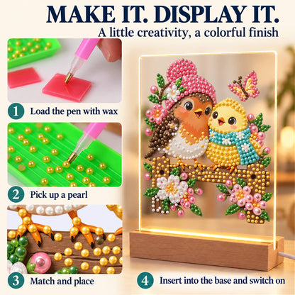 Pink-Hatted Robin and Chick (Light-Up Pearl Painting)