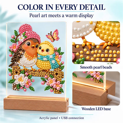 Pink-Hatted Robin and Chick (Light-Up Pearl Painting)