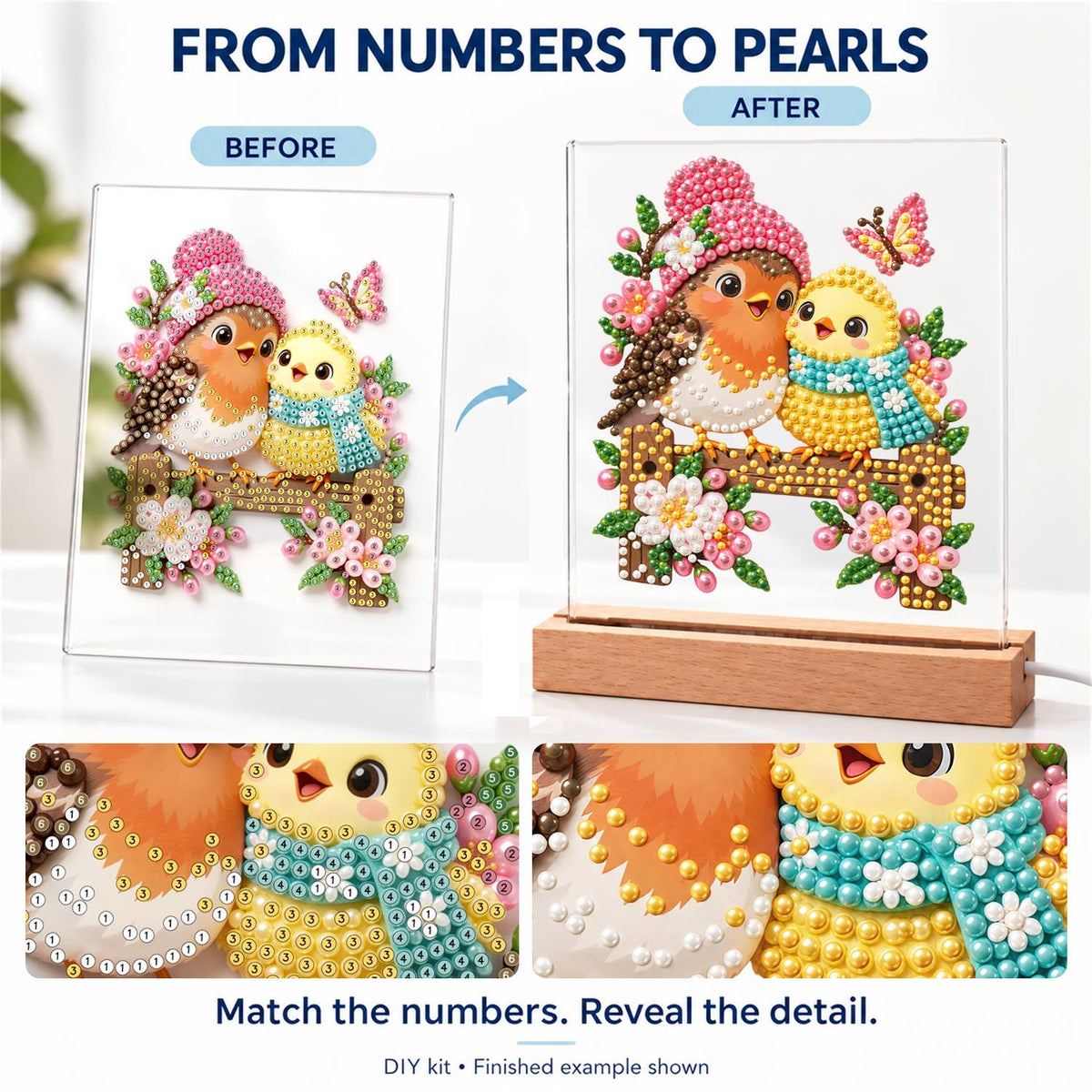 Pink-Hatted Robin and Chick (Light-Up Pearl Painting)