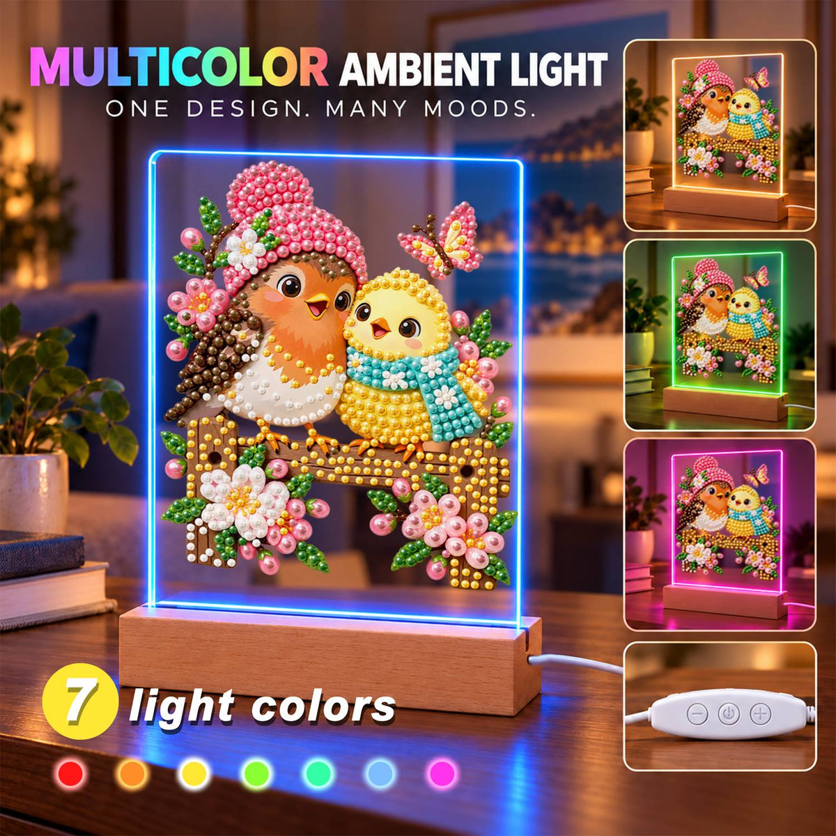 Pink-Hatted Robin and Chick (Light-Up Pearl Painting)