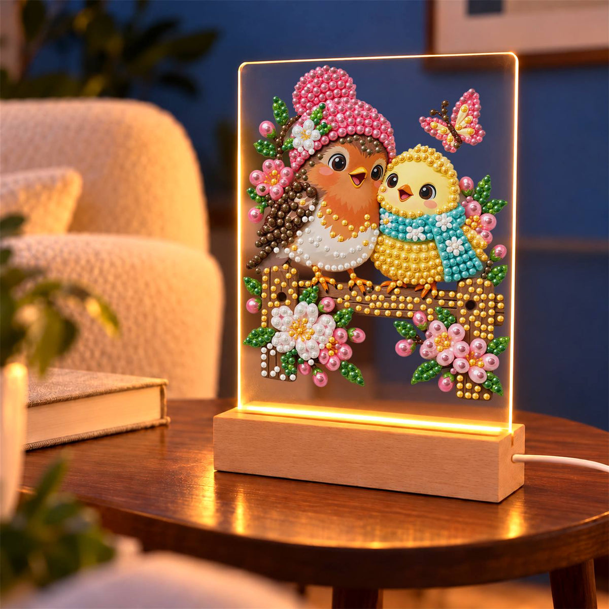 Pink-Hatted Robin and Chick (Light-Up Pearl Painting)