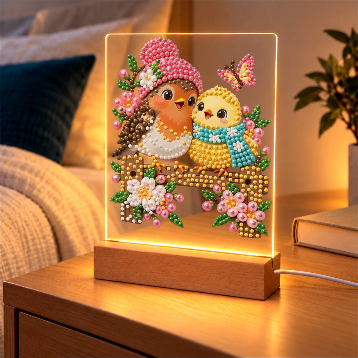Pink-Hatted Robin and Chick (Light-Up Pearl Painting)