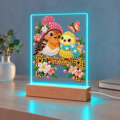 Pink-Hatted Robin and Chick (Light-Up Pearl Painting)