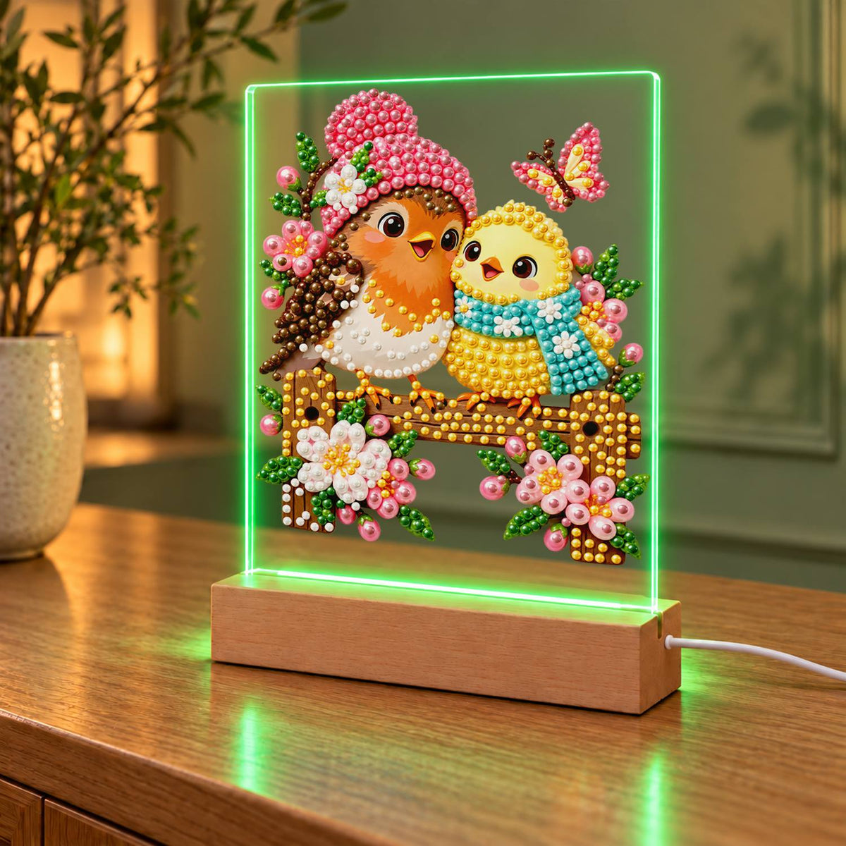 Pink-Hatted Robin and Chick (Light-Up Pearl Painting)