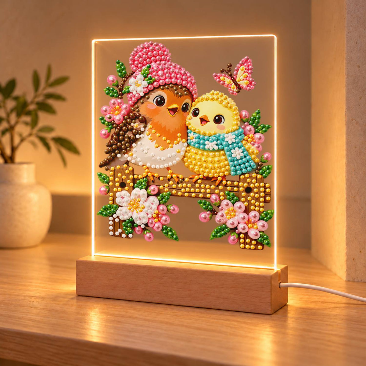 Pink-Hatted Robin and Chick (Light-Up Pearl Painting)