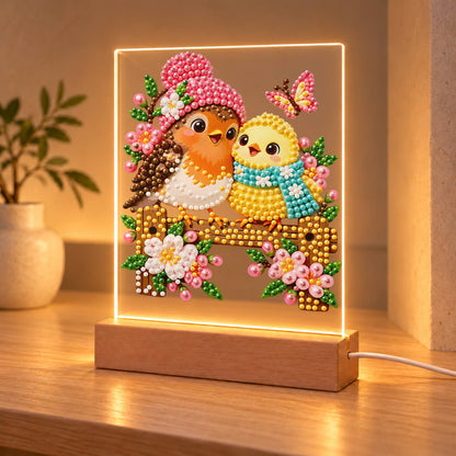 Pink-Hatted Robin and Chick (Light-Up Pearl Painting)
