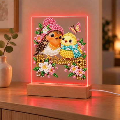 Pink-Hatted Robin and Chick (Light-Up Pearl Painting)