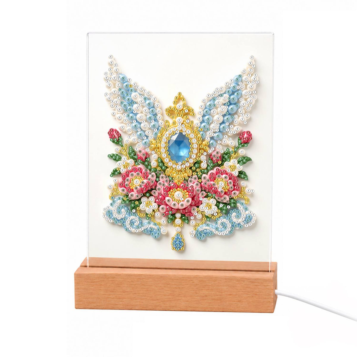 Winged Sapphire and Pink Roses light-up pearl painting – Blue gemstone set in gold between white and blue angel wings above pink and red roses