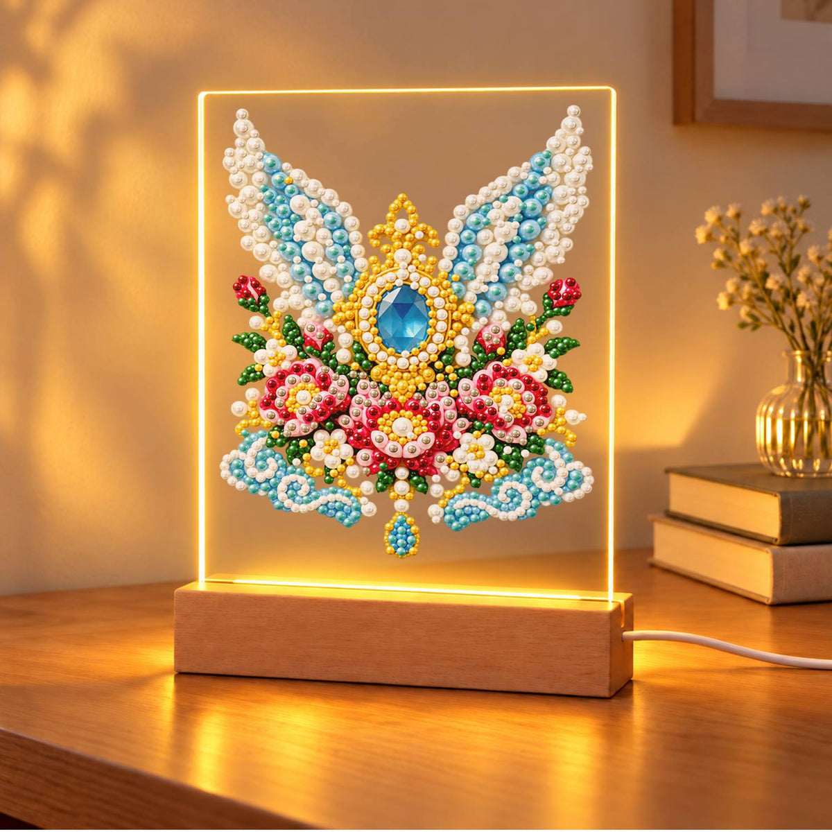 Winged Sapphire and Pink Roses (Light-Up Pearl Painting)