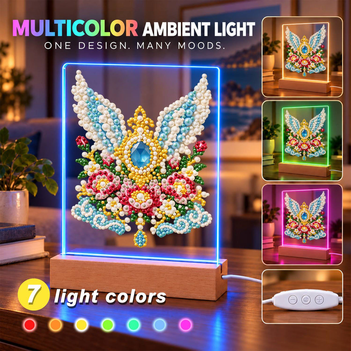 Winged Sapphire and Pink Roses (Light-Up Pearl Painting)