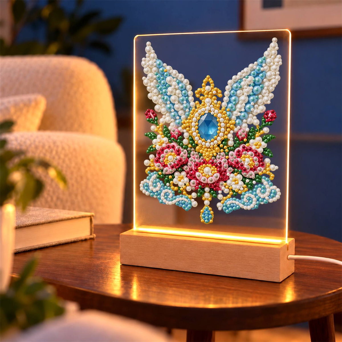 Winged Sapphire and Pink Roses (Light-Up Pearl Painting)
