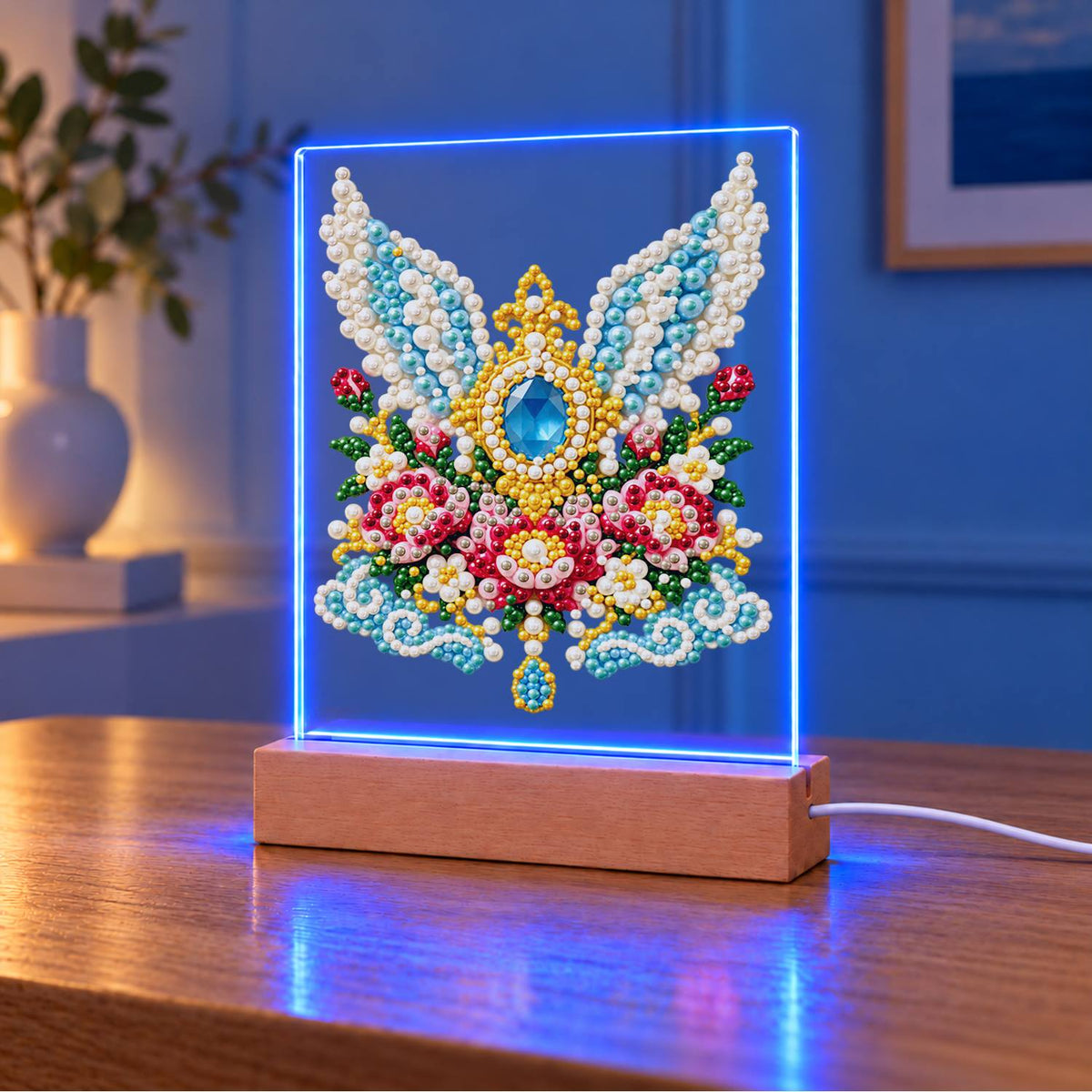 Winged Sapphire and Pink Roses (Light-Up Pearl Painting)