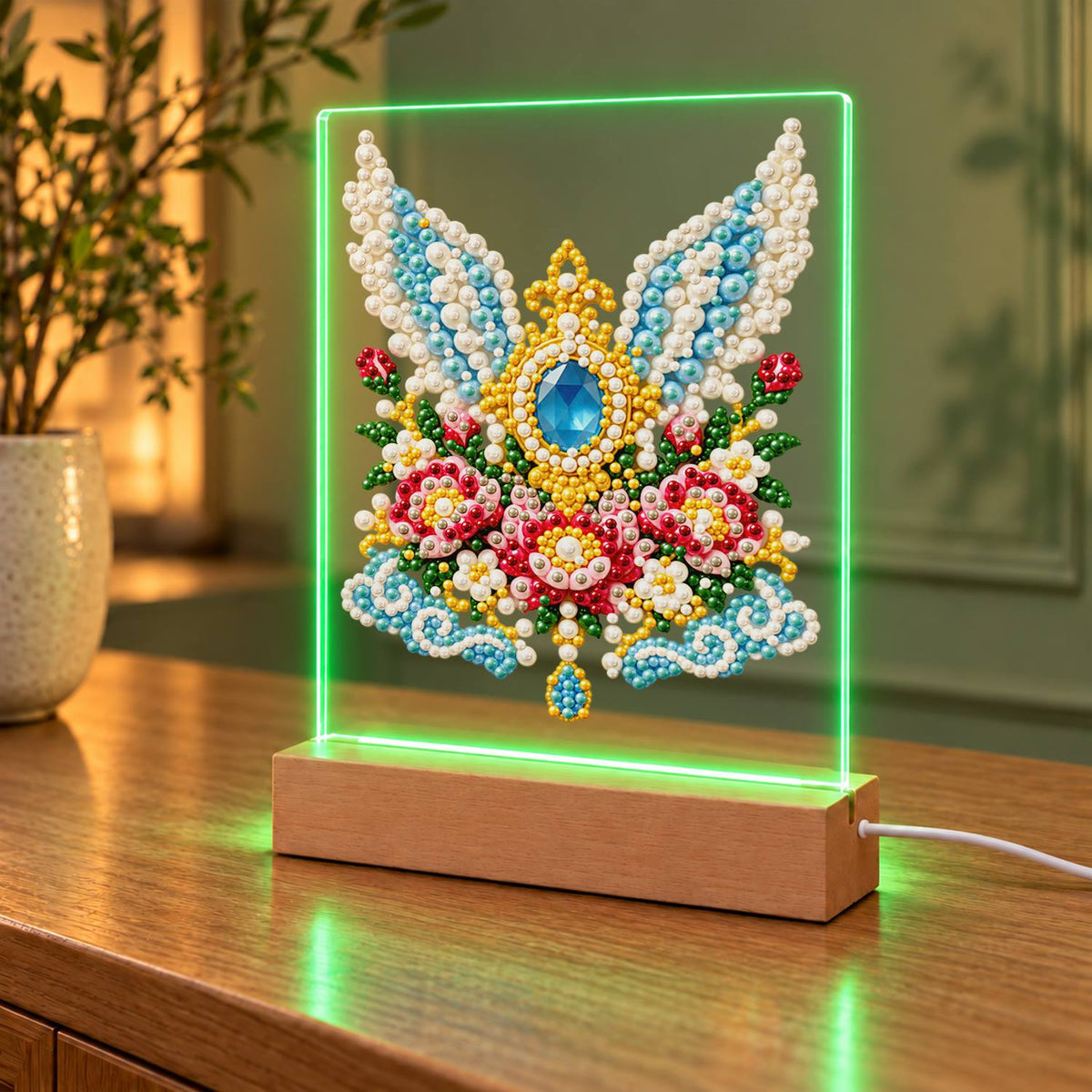 Winged Sapphire and Pink Roses (Light-Up Pearl Painting)