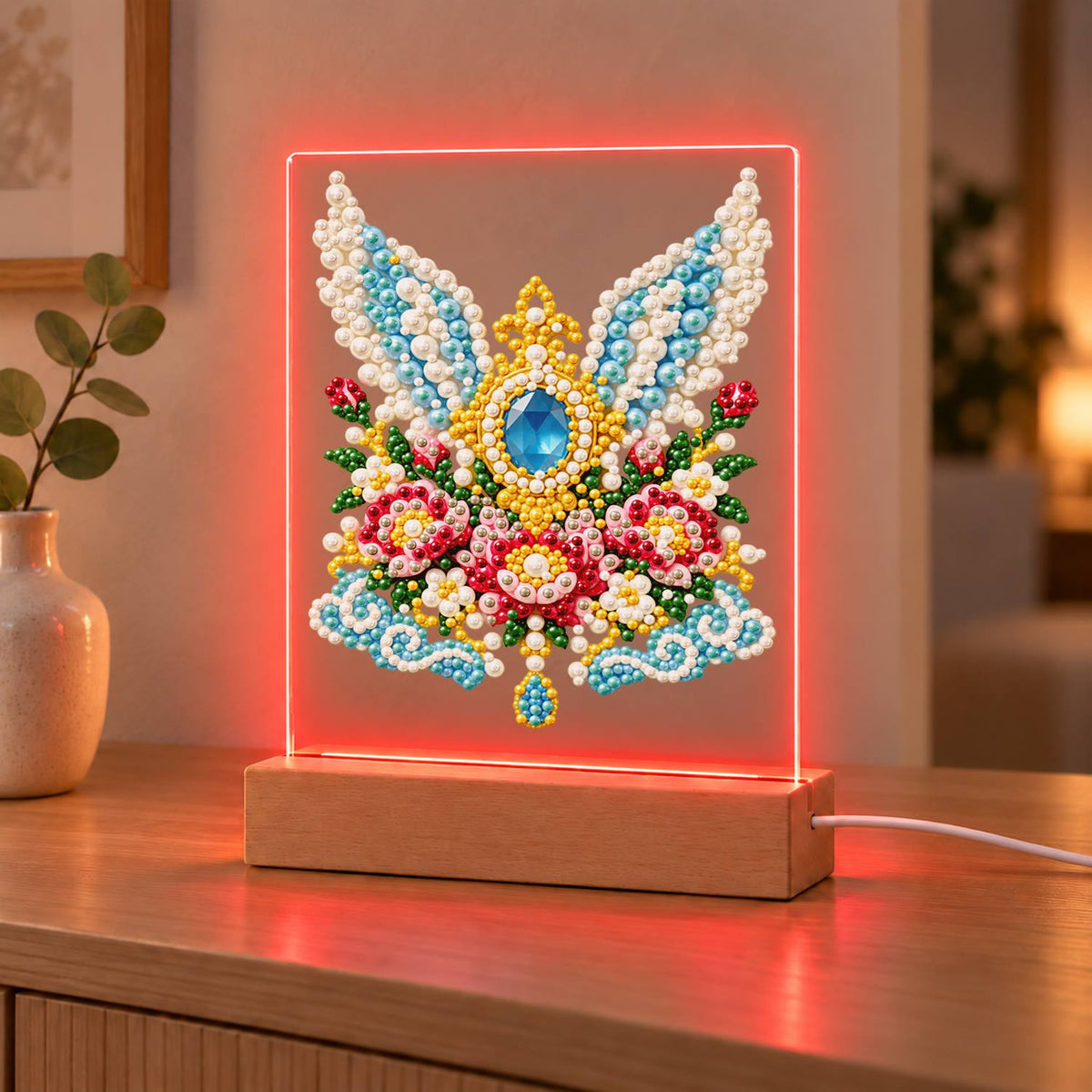 Winged Sapphire and Pink Roses (Light-Up Pearl Painting)