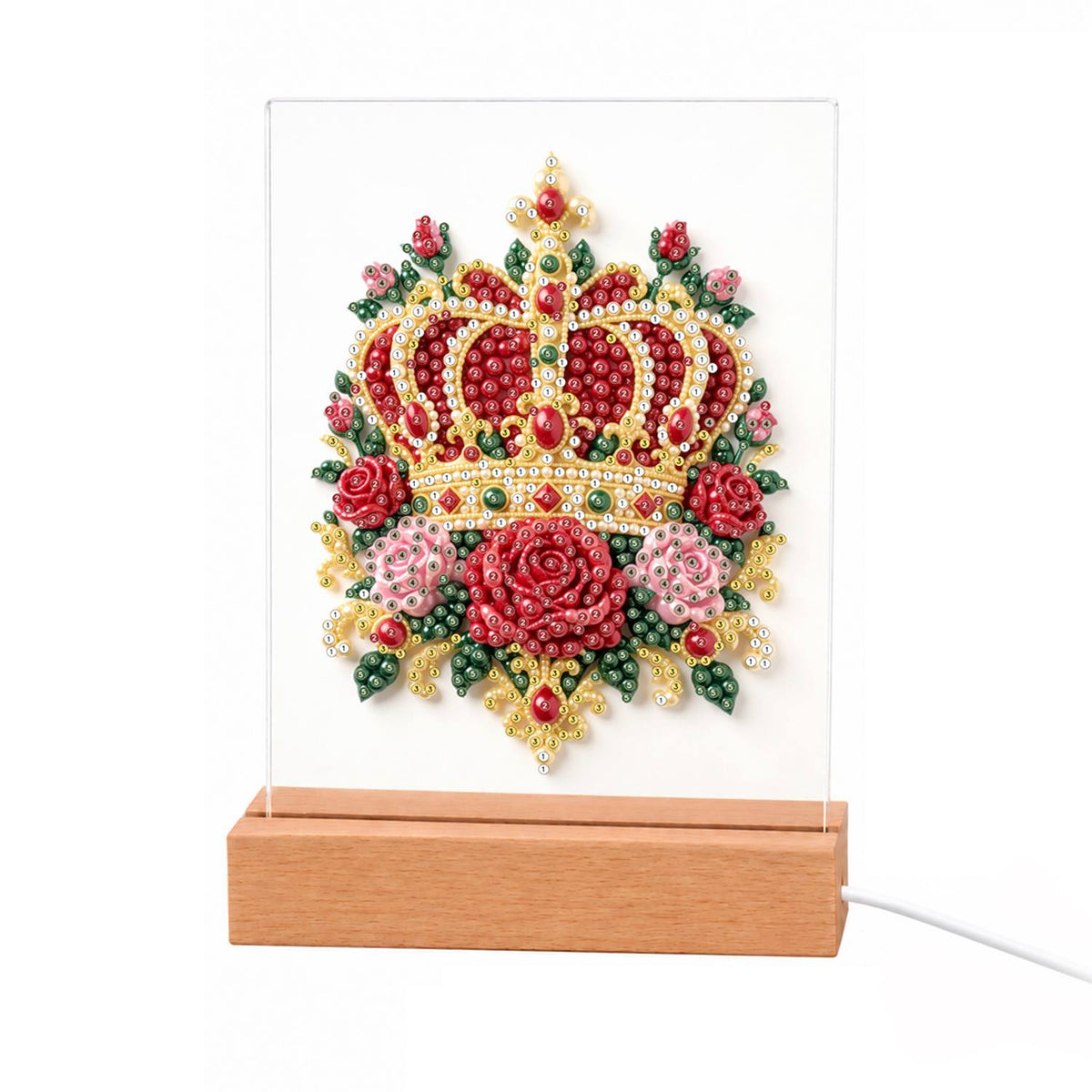 Royal Crown in Red Roses light-up pearl painting – Red and gold jeweled crown resting on red and pink roses with gold filigree and green leaves