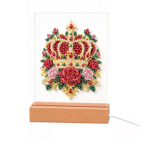 Royal Crown in Red Roses light-up pearl painting – Red and gold jeweled crown resting on red and pink roses with gold filigree and green leaves