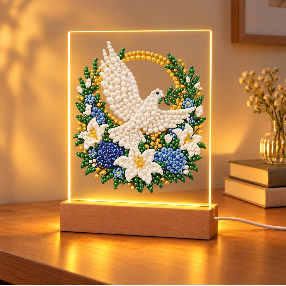Dove in a Blue Rose Wreath (Light-Up Pearl Painting)