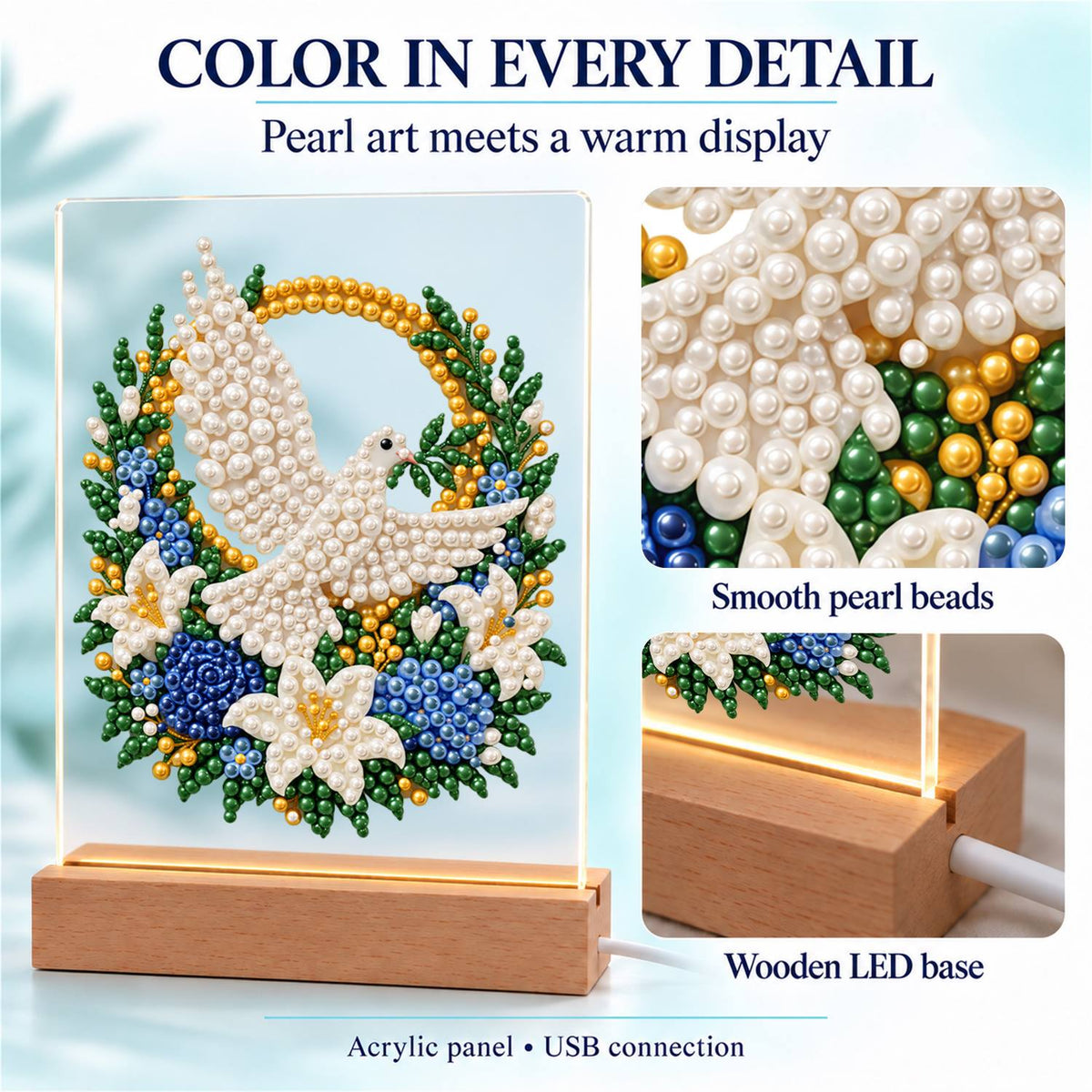 Dove in a Blue Rose Wreath (Light-Up Pearl Painting)