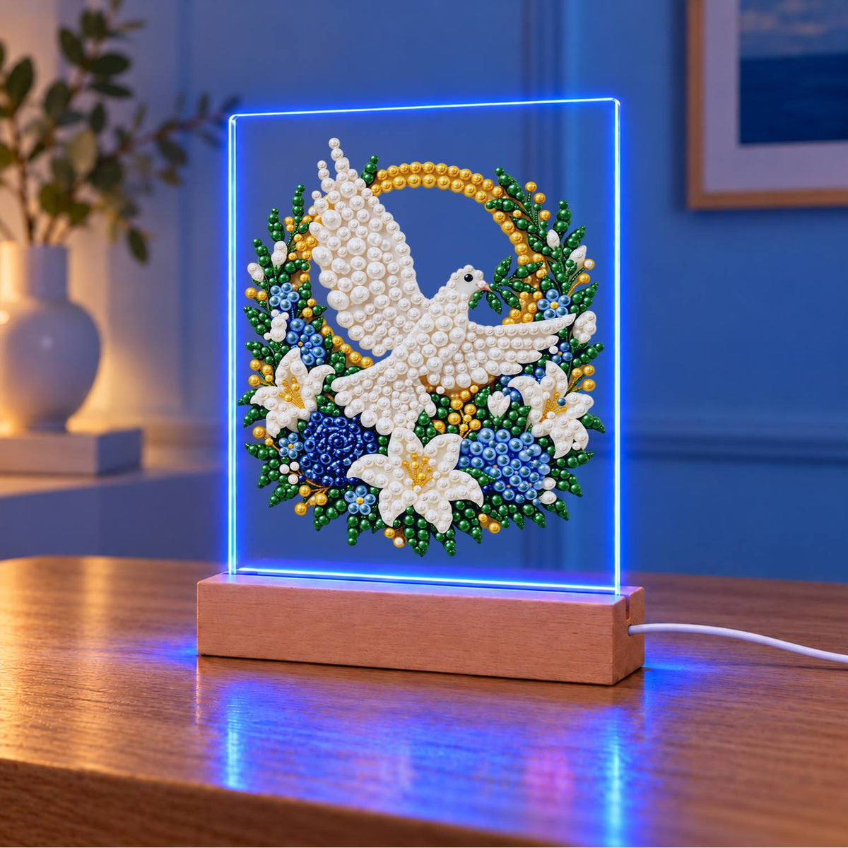Dove in a Blue Rose Wreath (Light-Up Pearl Painting)