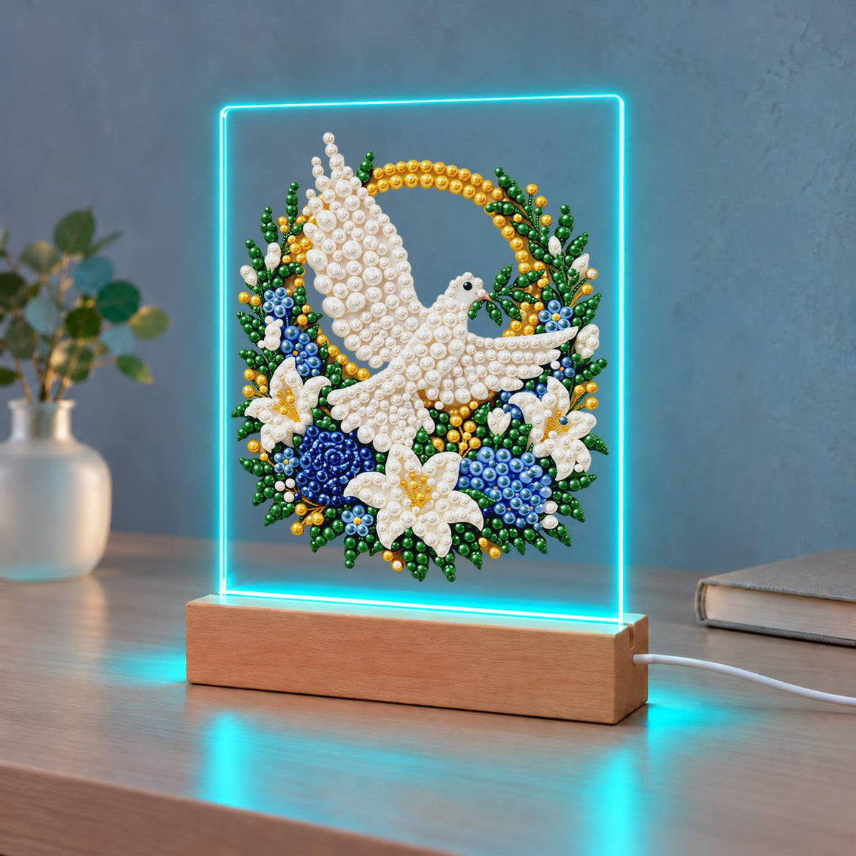 Dove in a Blue Rose Wreath (Light-Up Pearl Painting)
