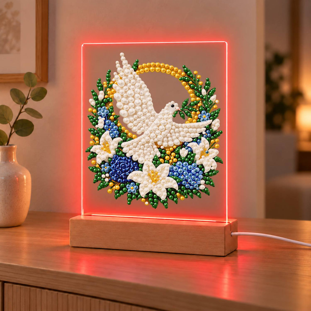 Dove in a Blue Rose Wreath (Light-Up Pearl Painting)
