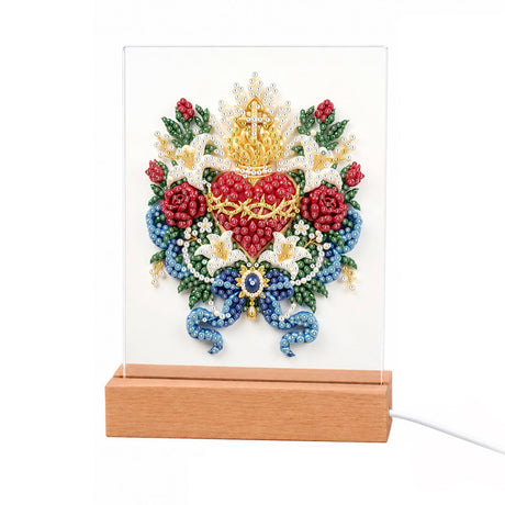 Sacred Heart with Roses and Lilies light-up pearl painting – Red Sacred Heart with a crown of thorns and gold cross, framed by red roses, white lilies and a blue ribbon