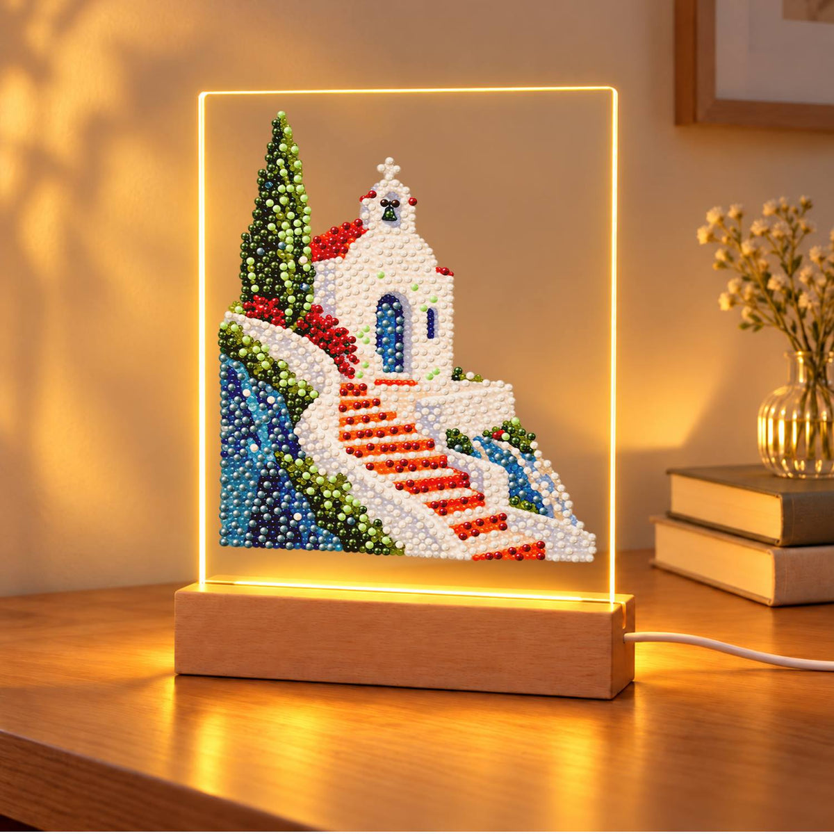 Clifftop Chapel and Red Stairway (Light-Up Pearl Painting)