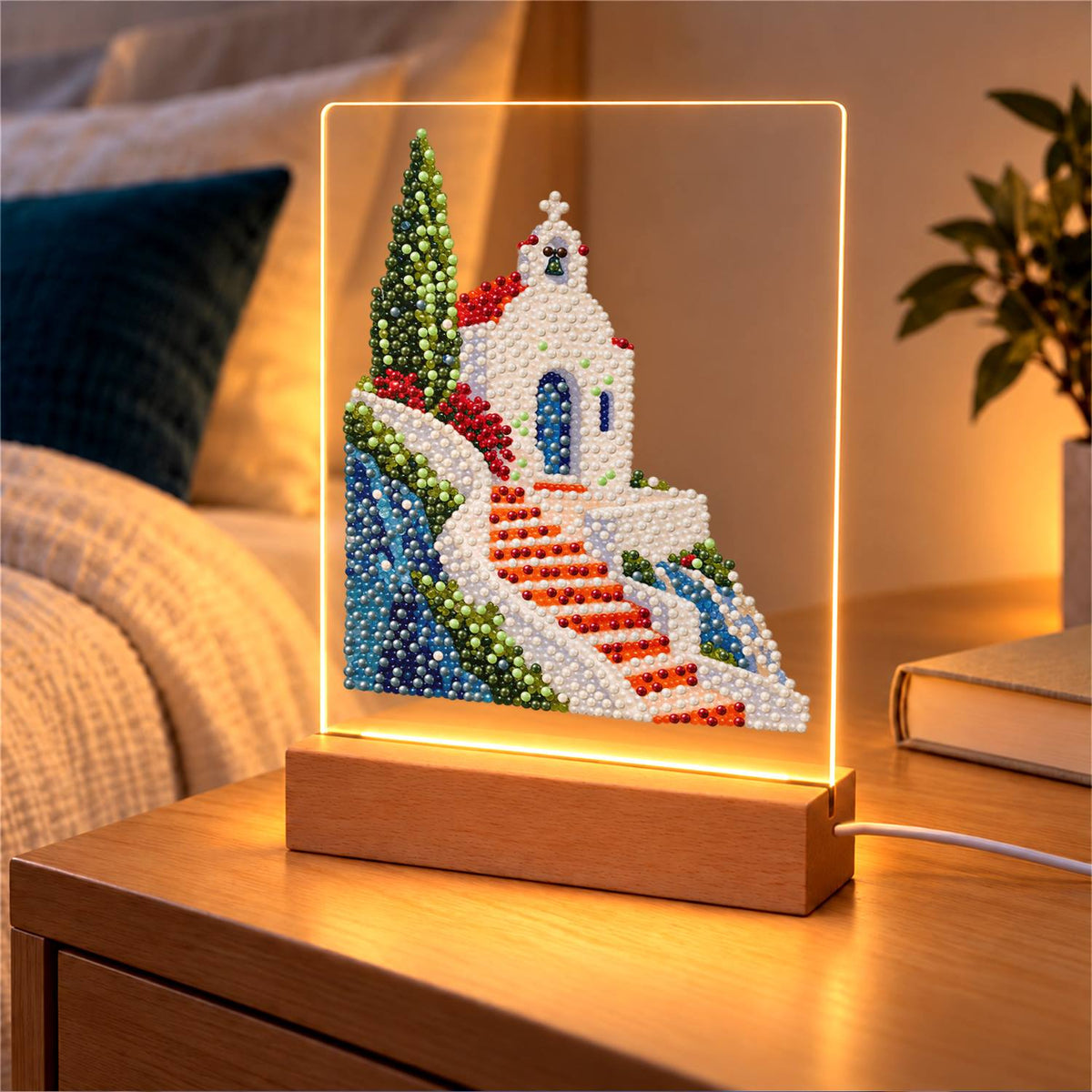 Clifftop Chapel and Red Stairway (Light-Up Pearl Painting)