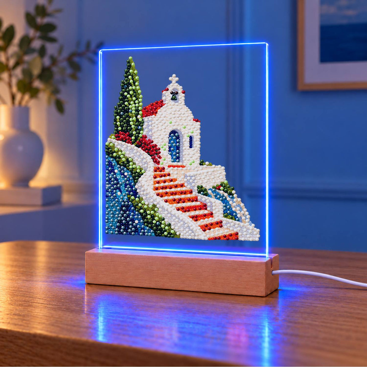 Clifftop Chapel and Red Stairway (Light-Up Pearl Painting)