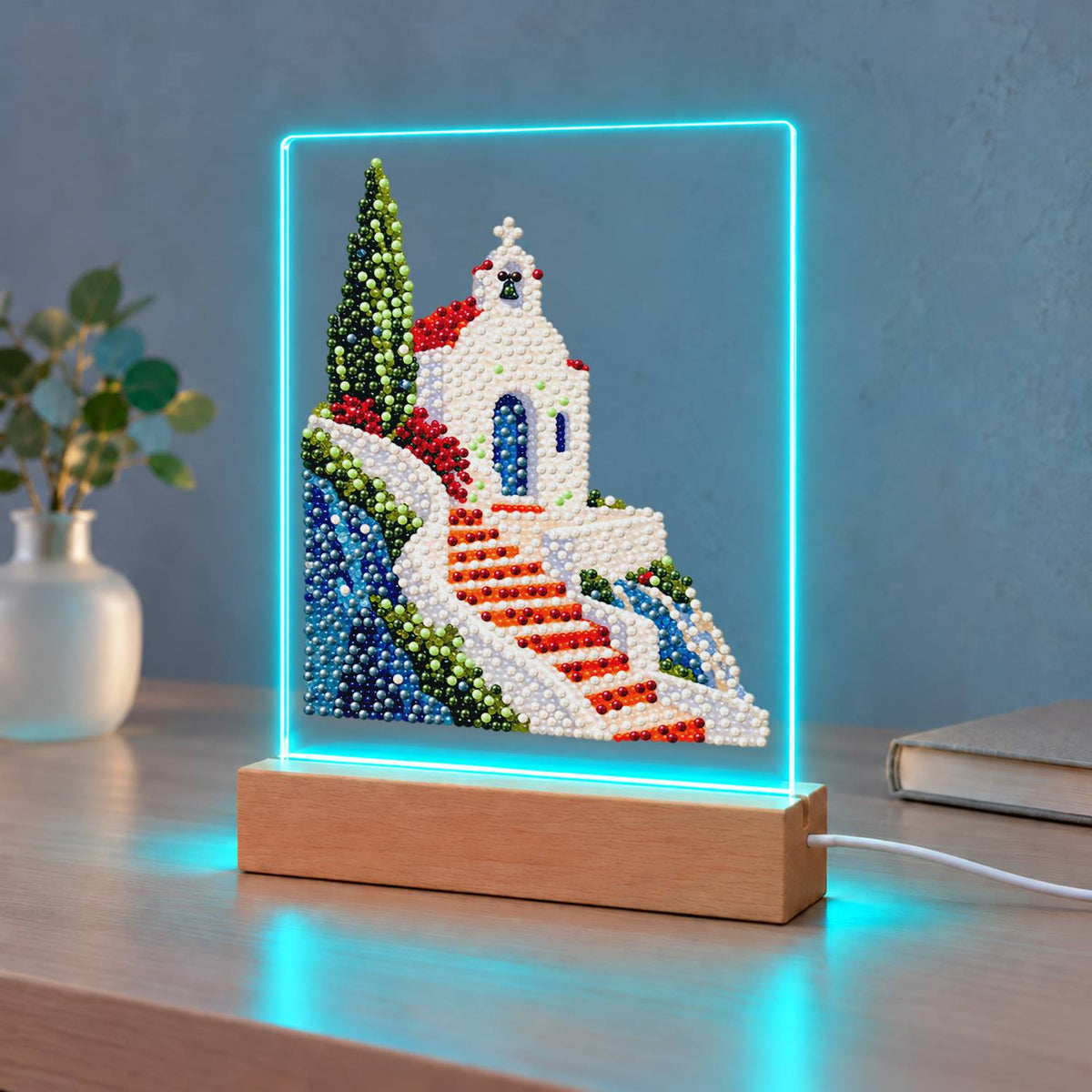 Clifftop Chapel and Red Stairway (Light-Up Pearl Painting)