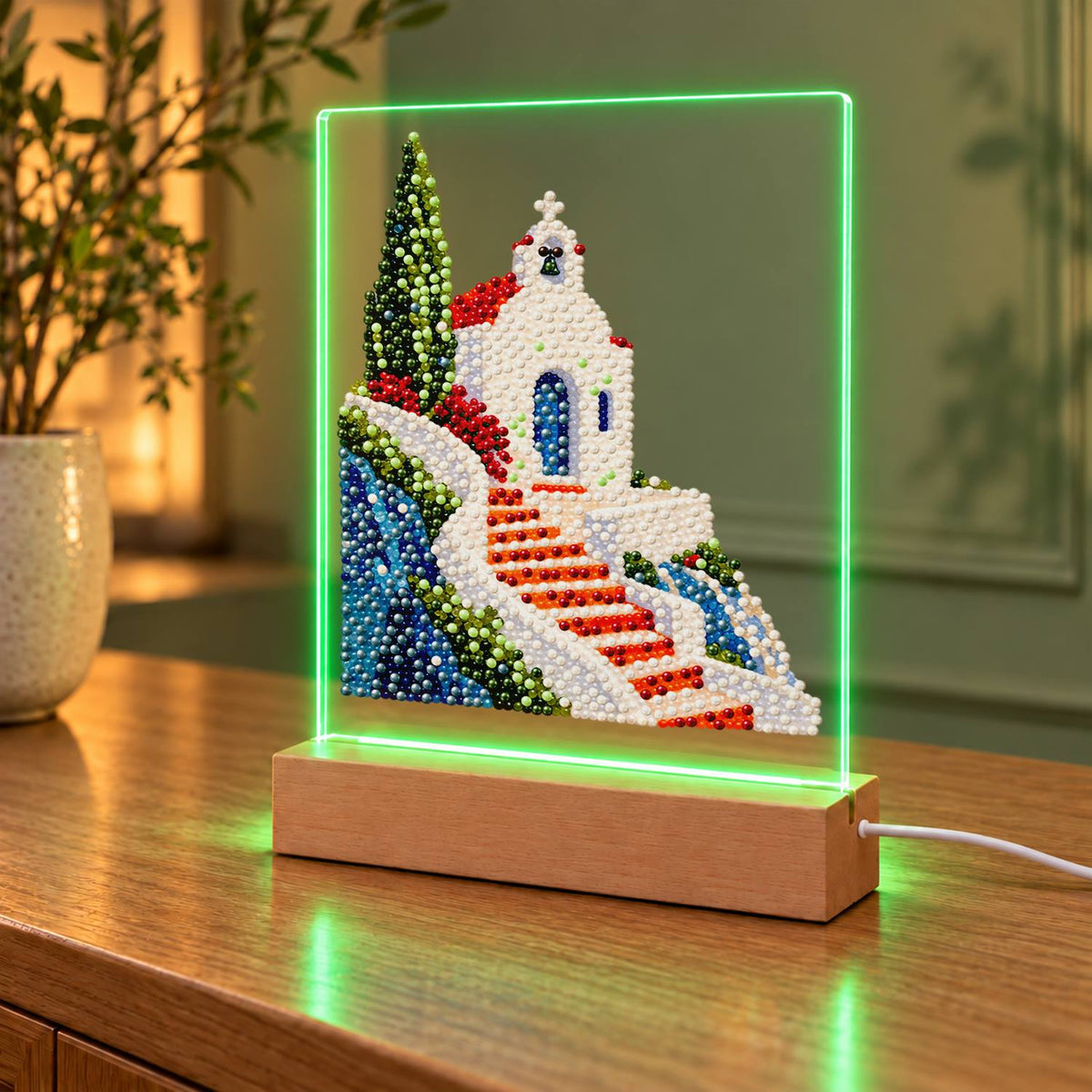 Clifftop Chapel and Red Stairway (Light-Up Pearl Painting)