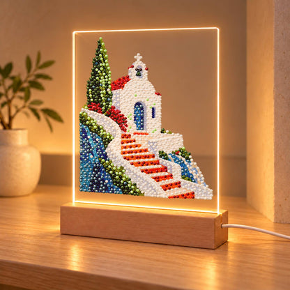 Clifftop Chapel and Red Stairway (Light-Up Pearl Painting)