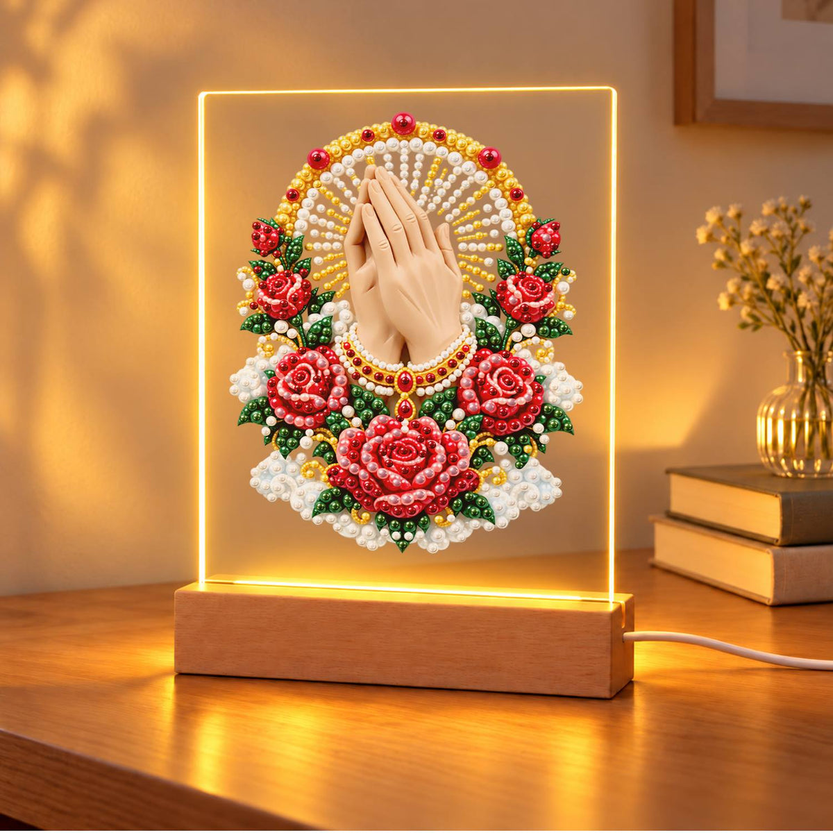 Praying Hands in a Rose Garland (Light-Up Pearl Painting)