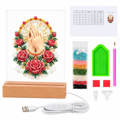 Praying Hands in a Rose Garland (Light-Up Pearl Painting)
