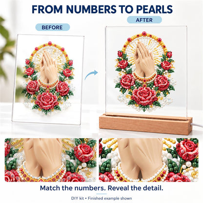 Praying Hands in a Rose Garland (Light-Up Pearl Painting)